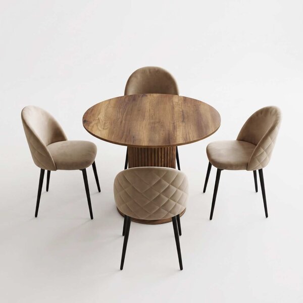 Set Masă Bucătărie Rotundă Lorys Slim Nuc cu 4 Scaune Bella Crem, Blat PAL, Ø90 × 75 cm
