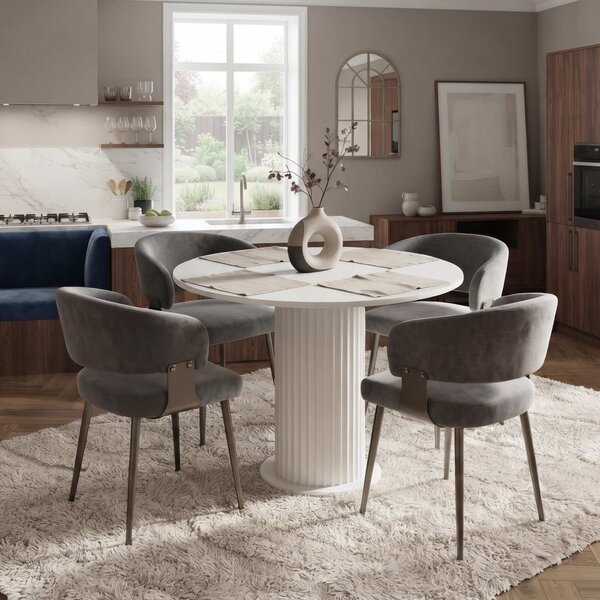 Set Masă Bucătărie Rotundă Lorys Slim Alb cu 4 Scaune Ryga Gri, Blat PAL, Ø90 × 75 cm