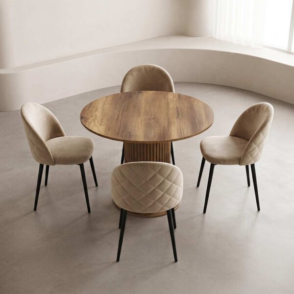 Set Masă Bucătărie Rotundă Lorys Slim Nuc cu 4 Scaune Bella Crem, Blat PAL, Ø90 × 75 cm
