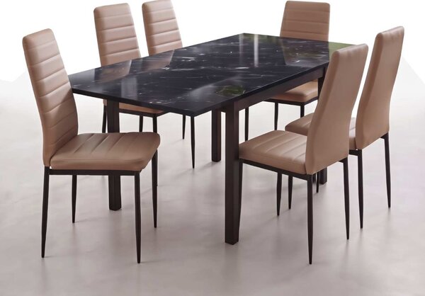 Set Masă Extensibilă Mara Negru Marmorat 130–170 × 75 cm cu 6 Scaune Oscar Maro Deschis, Piele Sintetica, Picioare Metalice Negre