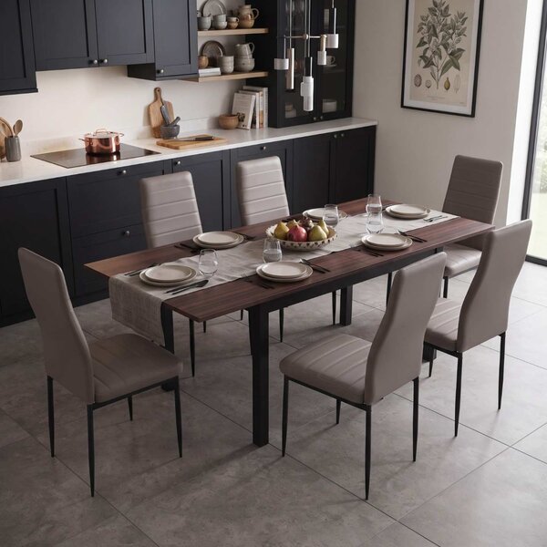 Set Masă Extensibilă Mara Wenge 130–170 × 75 cm cu 6 Scaune Oscar Gri, Piele Sintetica, Picioare Metalice Negre