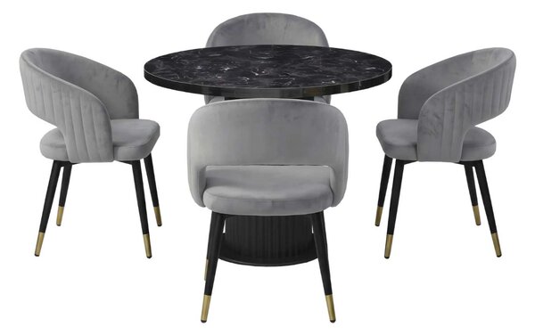 Set Masă Bucătărie Rotundă Florys Negru Marmorat cu 4 Scaune Monaco Gri, Blat PAL, Ø90 × 75 cm