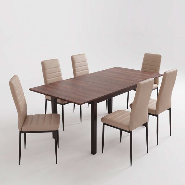 Set Masă Extensibilă Mara Wenge 130–170 × 75 cm cu 6 Scaune Oscar Maro Deschis, Piele Sintetica, Picioare Metalice Negre