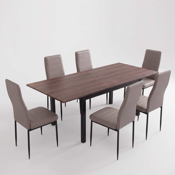 Set Masă Extensibilă Mara Wenge 130–170 × 75 cm cu 6 Scaune Oscar Gri, Piele Sintetica, Picioare Metalice Negre