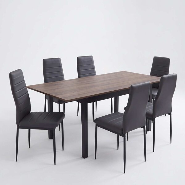 Set Masă Extensibilă Mara Wenge 130–170 × 75 cm cu 6 Scaune Oscar Negru, Piele Sintetica, Picioare Metalice Negre