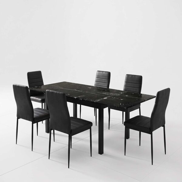 Set Masă Extensibilă Mara Negru Marmorat 130–170 × 75 cm cu 6 Scaune Oscar Negru, Piele Sintetica, Picioare Metalice Negre