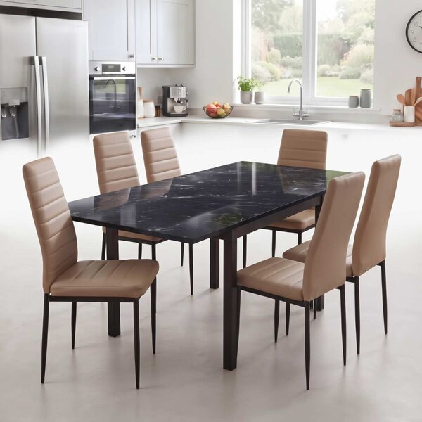 Set Masă Extensibilă Mara Negru Marmorat 130–170 × 75 cm cu 6 Scaune Oscar Maro Deschis, Piele Sintetica, Picioare Metalice Negre