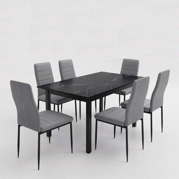 Set Masă Extensibilă Mara Negru Marmorat 130–170 × 75 cm cu 6 Scaune Oscar Gri, Piele Sintetica, Picioare Metalice Negre