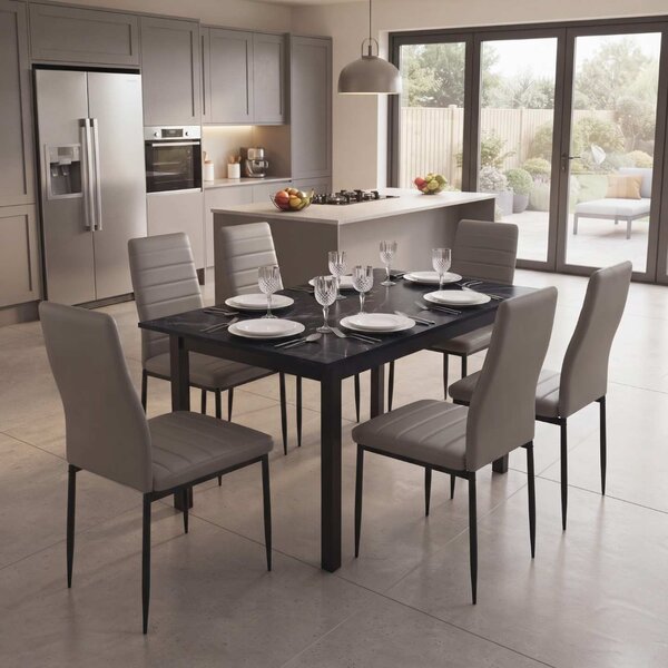 Set Masă Extensibilă Mara Negru Marmorat 130–170 × 75 cm cu 6 Scaune Oscar Gri, Piele Sintetica, Picioare Metalice Negre