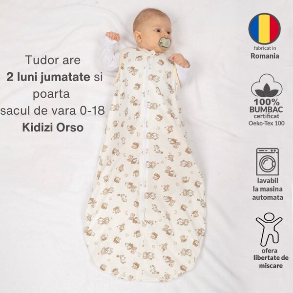 Sac dormit copii de vara 0-18 luni Kidizi Orso, 100% bumbac, 80 cm, 0.5 tog