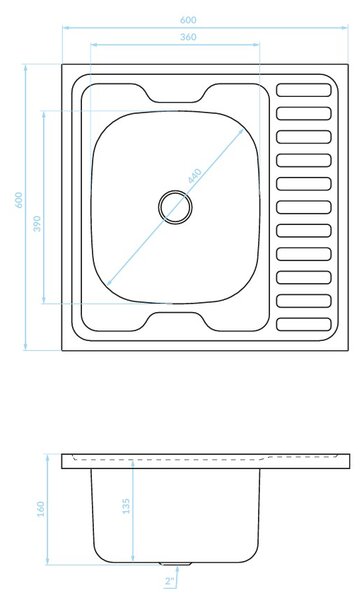 Kuchinox 60, chiuvetă din oțel inoxidabil cu 1 compartiment cu scurgere scurtă 600x600x160 mm, oțel, LAV-SK6_013T