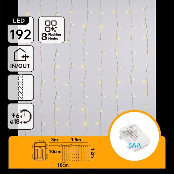 Aigostar - Instalație luminoasă LED de exterior 192xLED/8 funcții 3xAA 4,5x1,2m IP44 alb cald