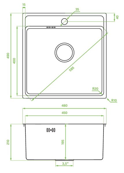 Laveo Besos, chiuvetă din oțel inoxidabil cu 1 compartiment 480x490x210 mm, grafit, LAV-SLB_510T