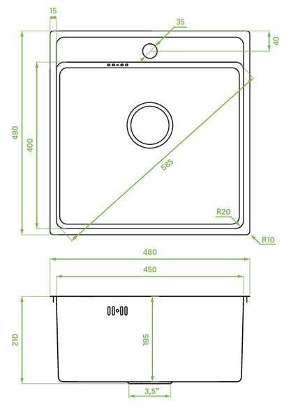 Laveo Besos, chiuvetă din oțel inoxidabil cu 1 compartiment 480x490x210 mm, oțel, LAV-SLB_210T