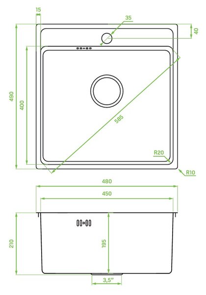 Laveo Besos, chiuvetă din oțel inoxidabil cu 1 compartiment 480x490x210 mm, structură suprafață in, oțel periat, LAV-SLB_310T