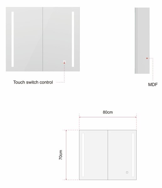 Erga Hana, bucătărie cu oglinzi și iluminare LED 80x70cm cu sertar integrat, alb, ERG-V05-HANA-8070-WH