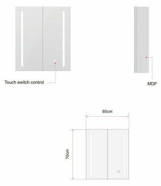 Erga Hana, bucătărie cu oglinzi și iluminare LED 60x70cm cu sertar integrat, alb, ERG-V05-HANA-6070-WH