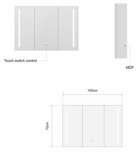 Erga Hana, bucătărie cu oglinzi și iluminare LED 100x70cm cu sertar integrat, alb, ERG-V05-HANA-1070-WH