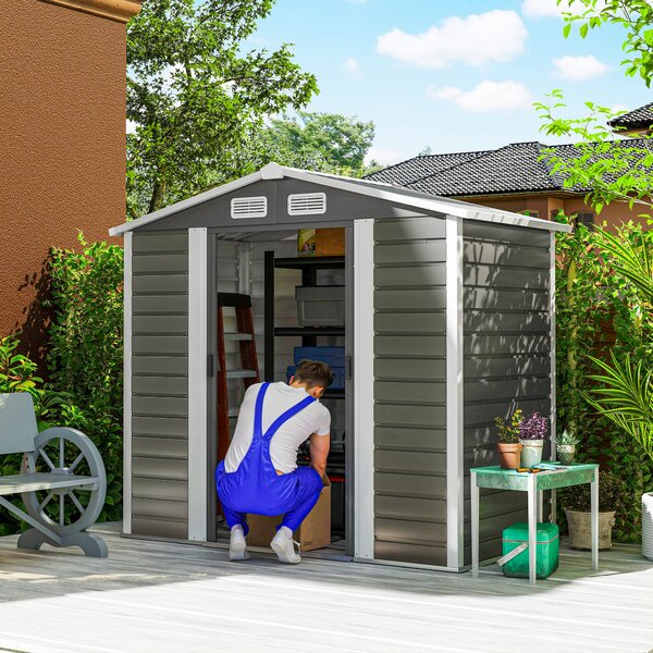 Outsunny Magazie de Grădină din Tablă de Oțel cu 4 Orificii de Ventilație și 2 Uși Glisante, 213x120x194 cm, Gri Închis | Aosom Romania