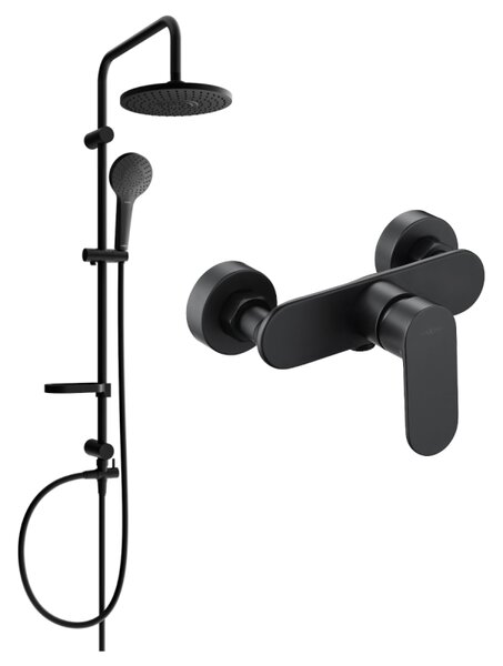 Set de duș Mexen Erik cu duș cu efect de ploaie și robinet de duș Milo, negru mat, 71340205-70
