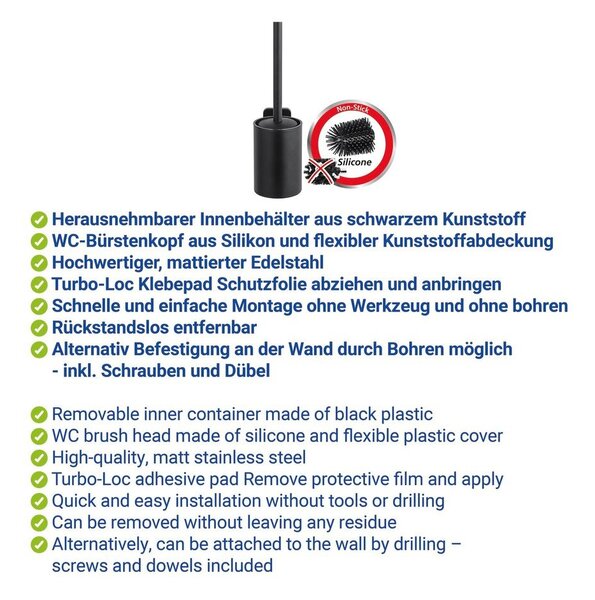 Perie de WC negru-mat autoadezivă cu Turbo-Loc din oțel inoxidabil Porto – Wenko