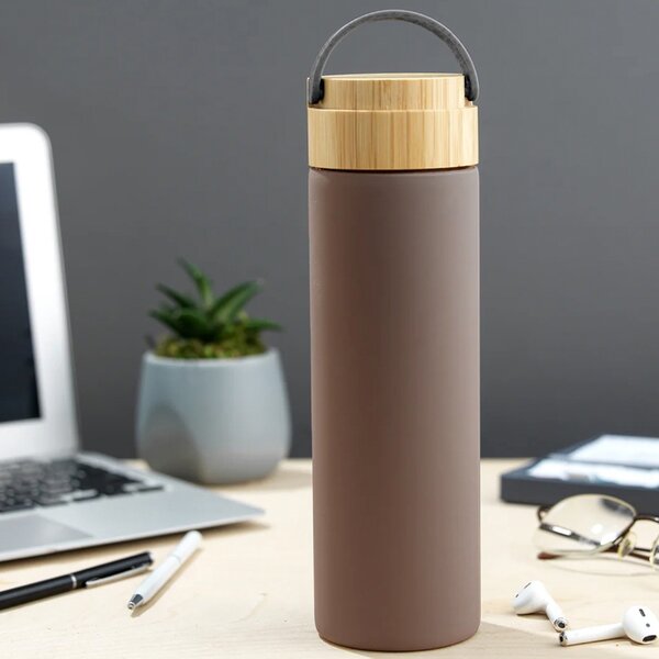 Sticla termos metalica Pufo Traveler cu capac etans din bambus, izoterm, 500 ml, gri
