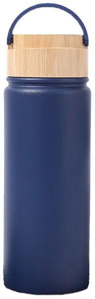 Sticla termos metalica Pufo Traveler cu capac etans din bambus, izoterm, 500 ml, albastru inchis