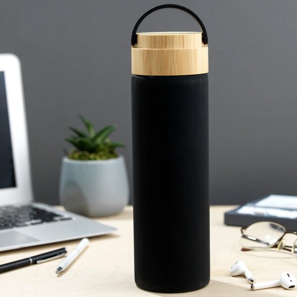 Sticla termos metalica Pufo Traveler cu capac etans din bambus, izoterm, 500 ml, negru