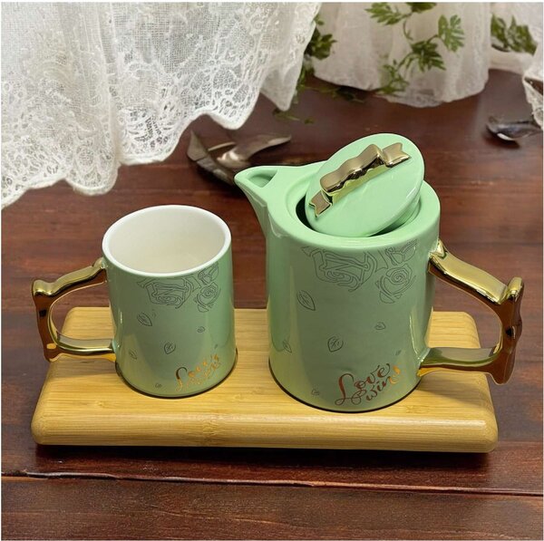 Set Ceainic 500 ml si Cana 230 ml Portelan LOVE WINS, tava bambus 12x28 cm, Verde