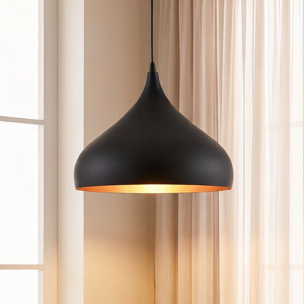 Lindby Lampă suspendată Ritana, negru-auriu, metal, Ø 31cm, E27, reglabil, Negru, Camera de zi / sufragerie, Aluminiu, Modern