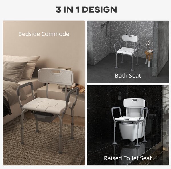 HOMCOM Scaun Baie cu Spătar și Brațe, Toaletă cu Înălțime Reglabilă, Scaun Toaletă cu Plăcuță de Picior, 53,5x46x70-82,5 cm, Alb | Aosom Romania