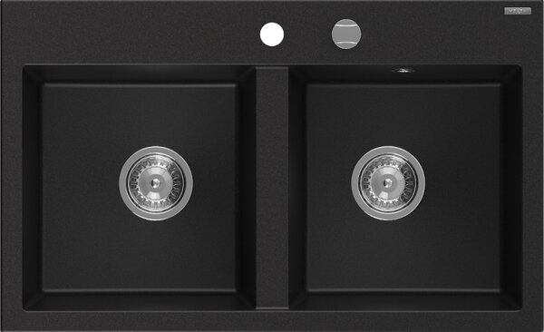 Mexen Hektor, chiuveta granit cu 2 camere 800x480x205 mm, negru, sifon cromat, 6521802000-77