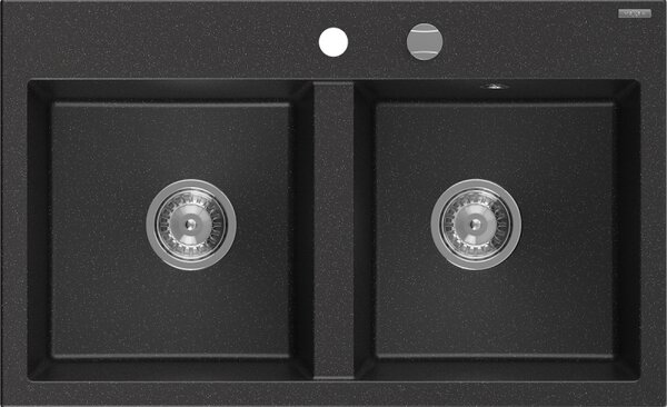 Mexen Hektor, chiuveta granit cu 2 camere 800x480x205 mm, negru-argintiu metalic, sifon crom, 6521802000-73