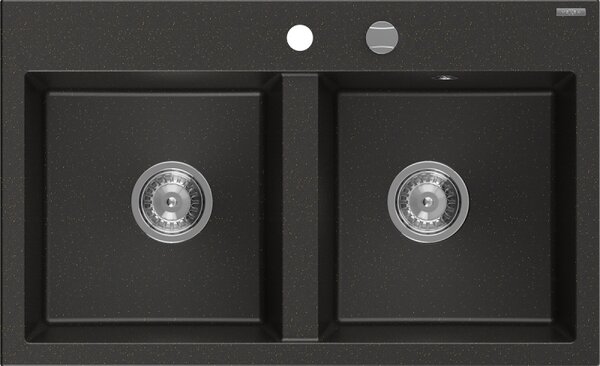 Mexen Hektor, chiuvetă granit cu 2 camere 800x480x205 mm, negru-auriu metalic, sifon crom, 6521802000-75