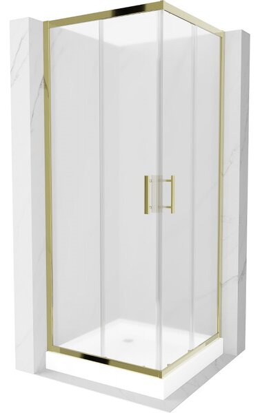 Mexen Rio, duș pătrat cu ușă glisantă 70(uşă) x 70(uşă) x 190 cm, sticlă mată 6mm, profil auriu + cadă de duș albă RIO, 860-070-070-50-30-4510