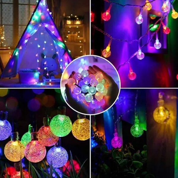 Ghirlanda solara decorativa, 10 globuri multicolore, 7 moduri iluminare, lungime totala 35 m