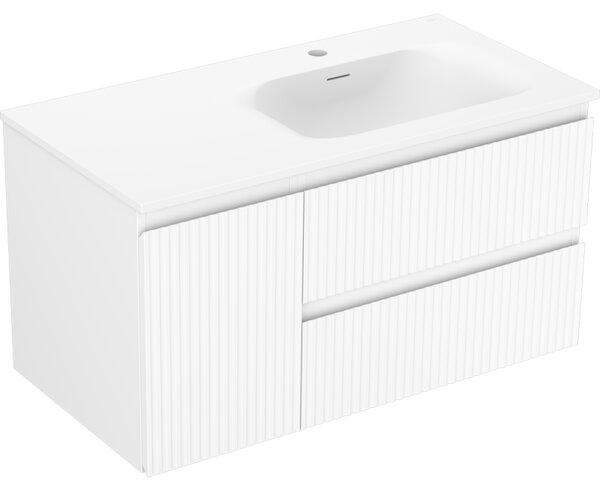 Mexen Rivel, mobilier baie 90 cm cu lavoar dreapta Vela, 2S, 1D, canelat, alb mat, 91A23-09047-3-BBFFF01-W23P01