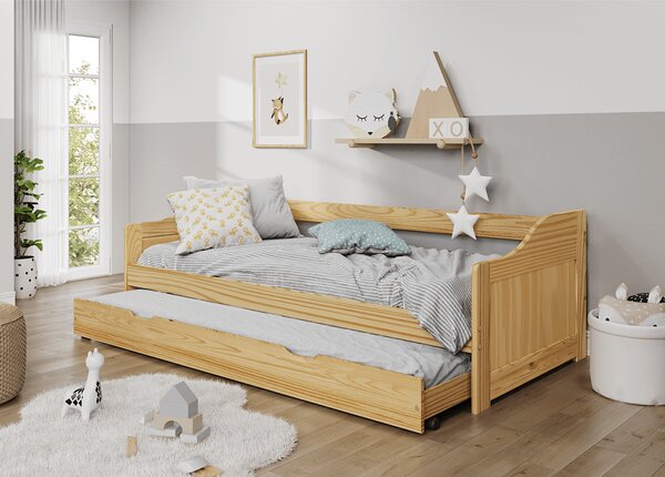 KONDELA Pat cu pat suplimentar extensibil, natural, din lemn masiv, 90x200, LAURA NEW