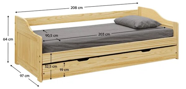 KONDELA Pat cu pat suplimentar extensibil, natural, din lemn masiv, 90x200, LAURA NEW