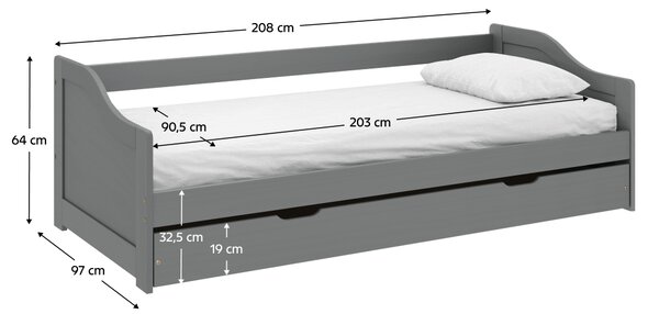 KONDELA Pat cu pat suplimentar extensibil, gri, lemn masiv, 90x200, LAURA NEW