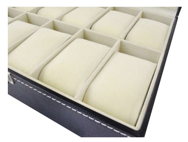 Cutie depozitare ceasuri, 10 compartimente, siguranta inchidere, 20,3x25,7x8cm, negru