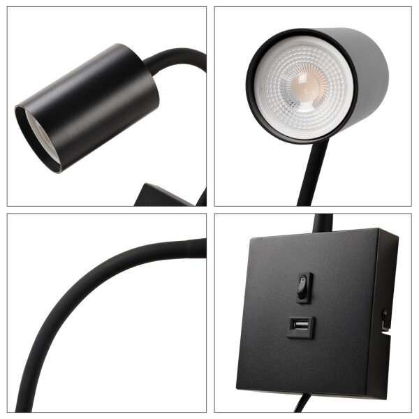 Immax NEO 08295L - Lampă de perete PUNTO cu USB, 1x GU10/9W/230V, neagră
