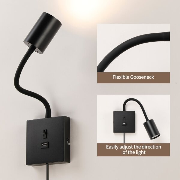 Immax NEO 08295L - Lampă de perete PUNTO cu USB, 1x GU10/9W/230V, neagră