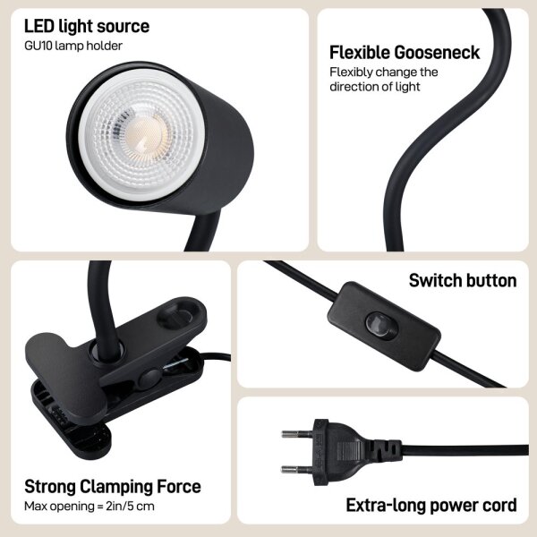 Immax NEO 08293L - Lampă flexibilă cu clemă PUNTO 1xGU10/9W/230V neagră