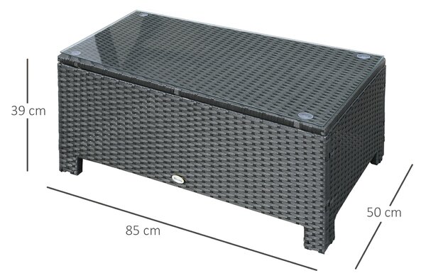 Outsunny Mobilier pentru Terasă, Măsuță de Cafea din Răchită, Rezistentă la Apă, cu Blat din Sticlă Securizată, 86x50x39cm, Negru | Aosom Romania