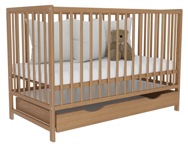 Patut din lemn masiv 120x60 cm Matilda cu sertar cu capac, somiera reglabila pe 3 nivele, include saltea cocos 12 cm