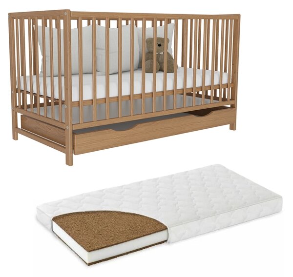 Patut din lemn masiv 120x60 cm Matilda cu sertar cu capac, somiera reglabila pe 3 nivele, include saltea cocos 12 cm