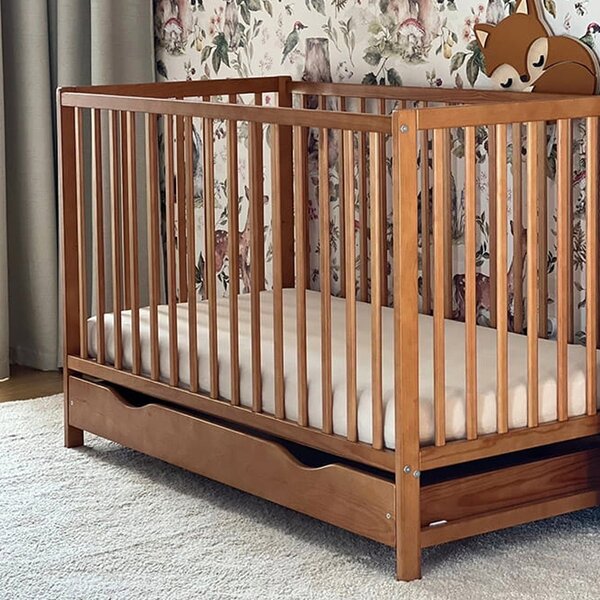 Patut din lemn masiv 120x60 cm Matilda cu sertar cu capac, somiera reglabila pe 3 nivele, include saltea cocos 12 cm