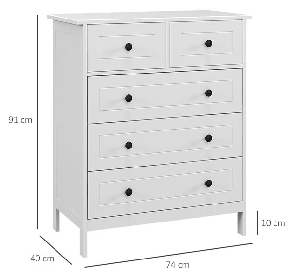 HOMCOM Comoda cu Sertare, Unitate de Organizare si Depozitare cu 5 Sertare, cu Manere, pentru Dormitor, Camera de Zi, Alb