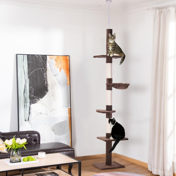 PawHut Copac Pisici Înalt de la Podea la Tavan cu Înălțime Reglabilă 8.5' Maro și Alb | Aosom Romania